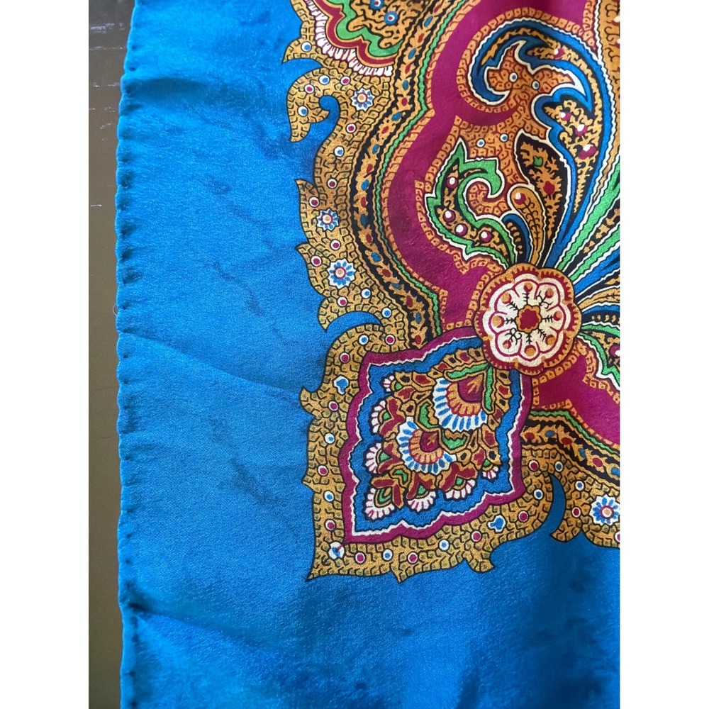 Silk Scarf Blue Paisley Medallion Print Square Hand Rolled Ornate Boho - Picture 3 of 5